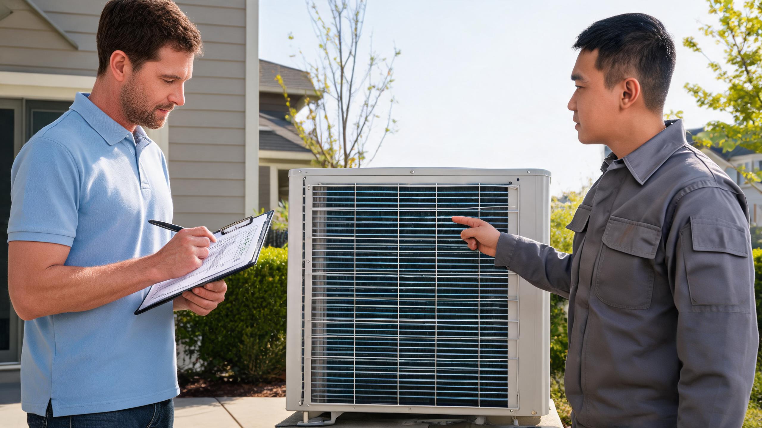 HVAC technician and homeowner reviewing an AC tune-up checklist beside an outdoor condenser