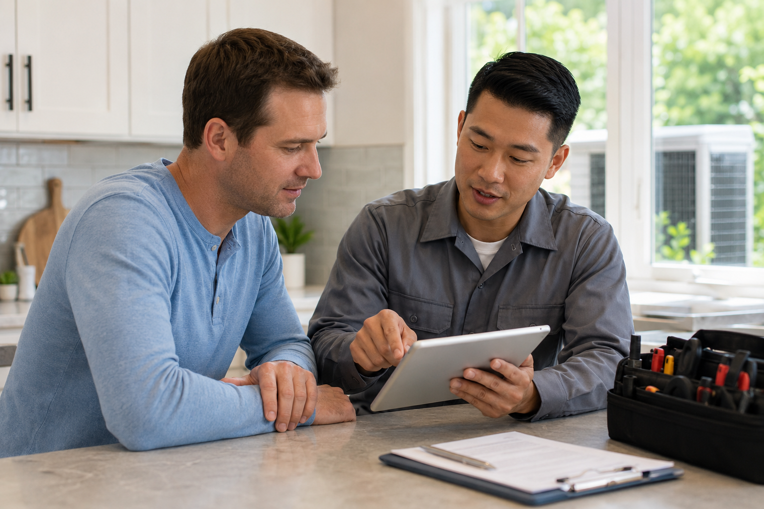 Homeowner asking an HVAC technician questions about an air conditioner tune-up