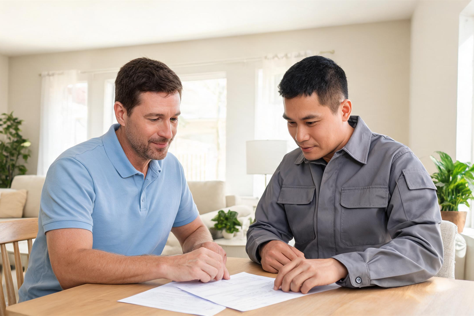 Homeowner reviewing an AC tune-up estimate with an HVAC technician inside a bright living room