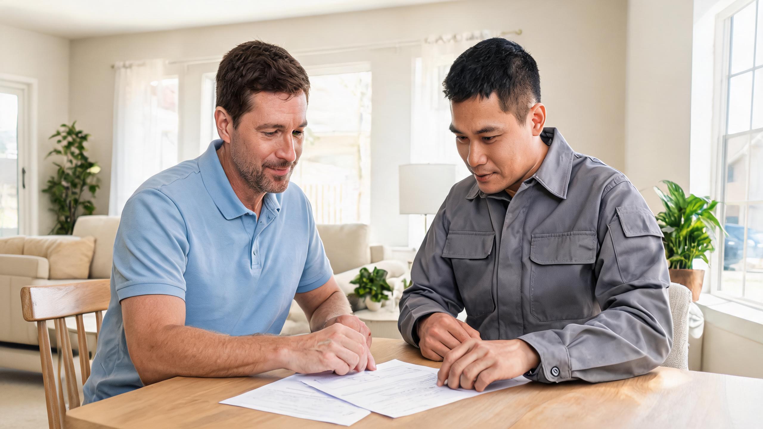 HVAC technician discussing a home system inspection with a homeowner in a bright dining area