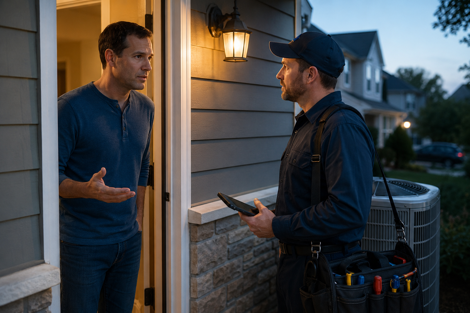 HVAC technician arriving for urgent air conditioner service at a home in the evening