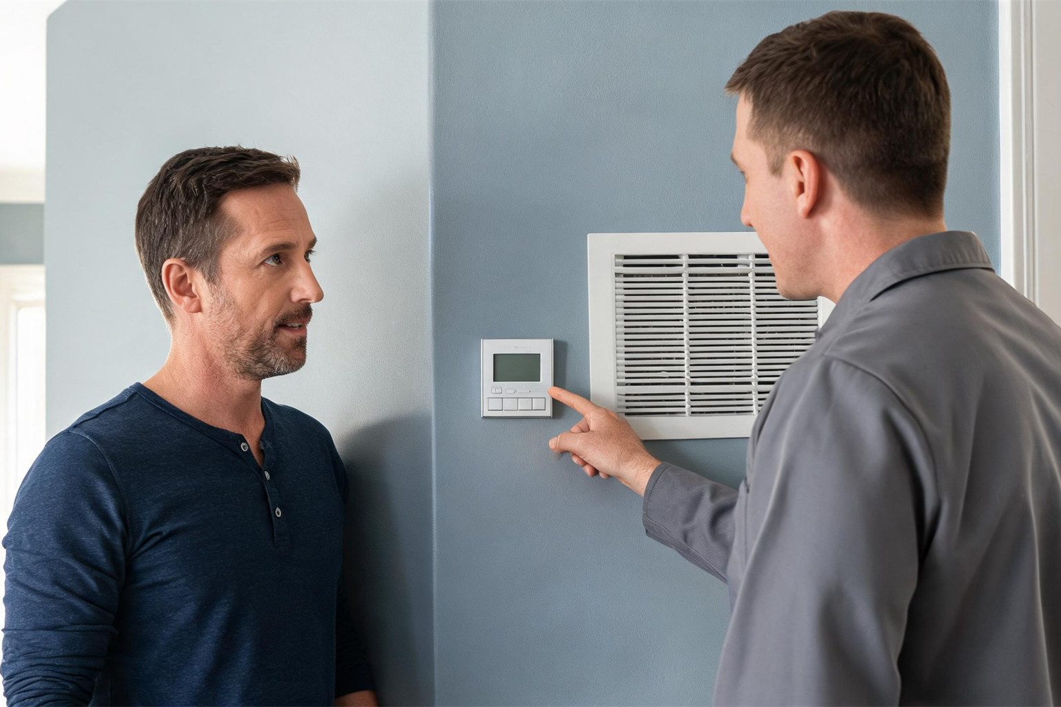 Homeowner and HVAC technician reviewing an air conditioning service plan near a thermostat
