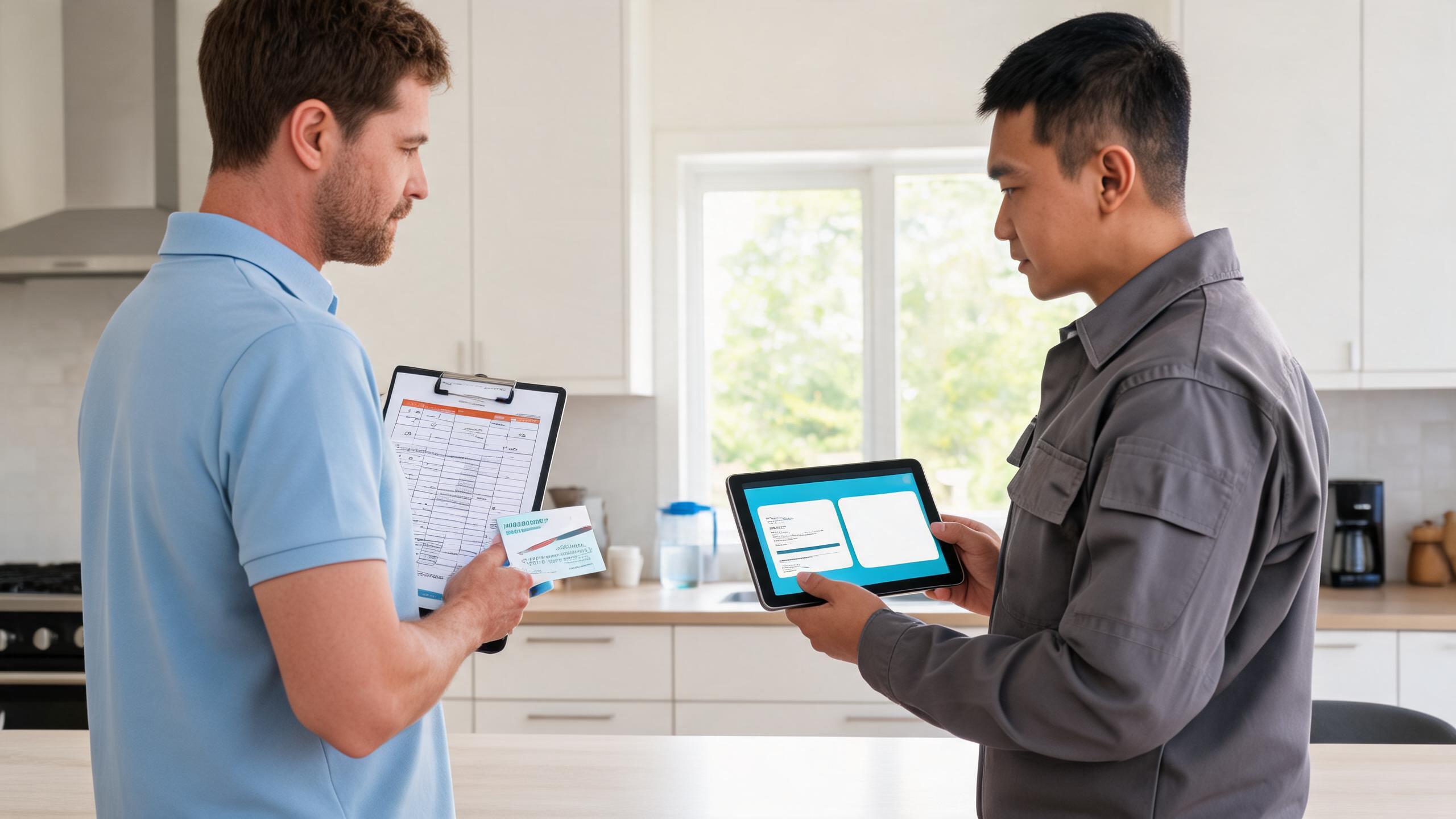 Homeowner comparing HVAC maintenance and tune-up service options with a technician