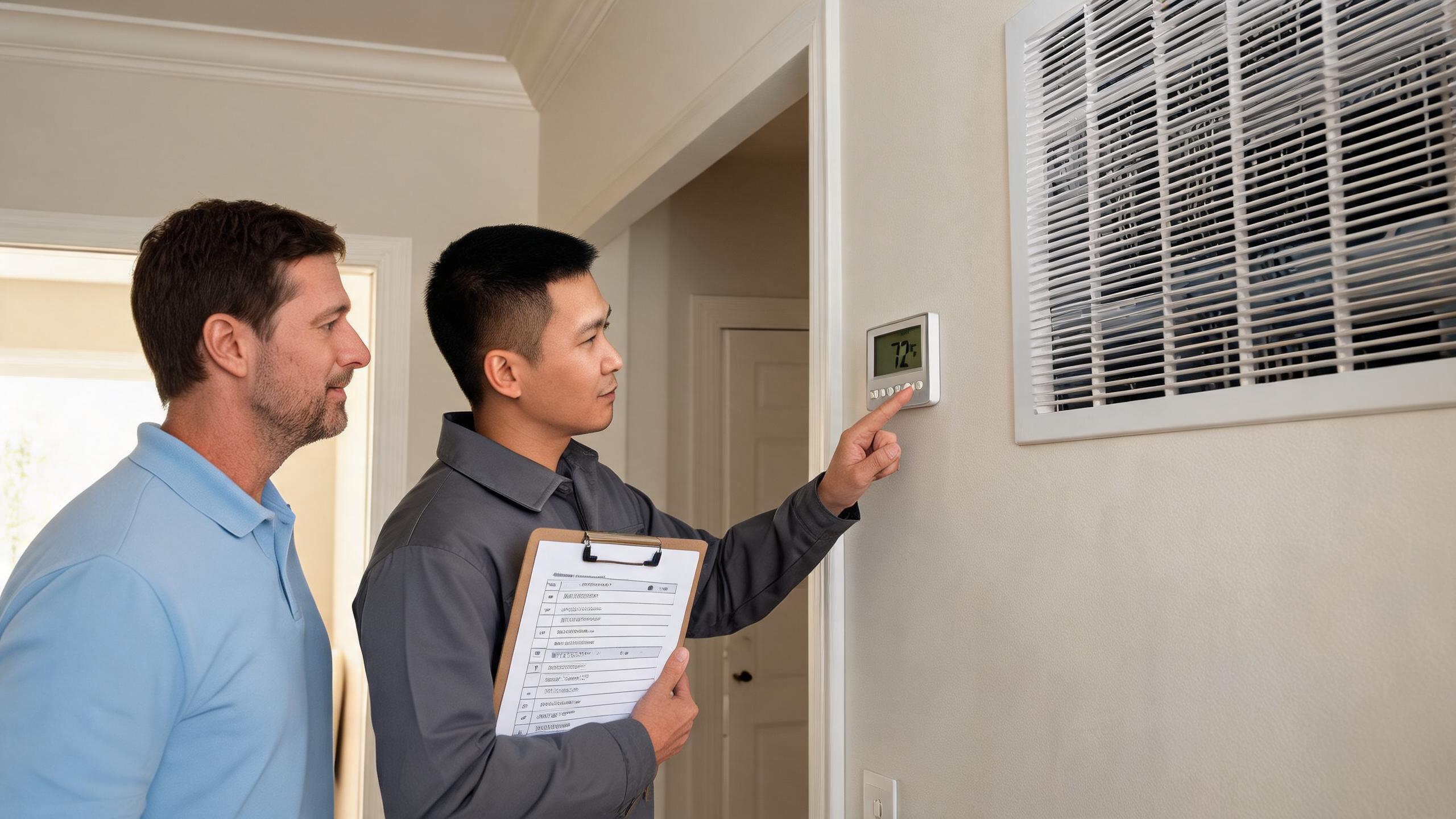 HVAC technician and homeowner reviewing a troubleshooting checklist near an indoor HVAC system