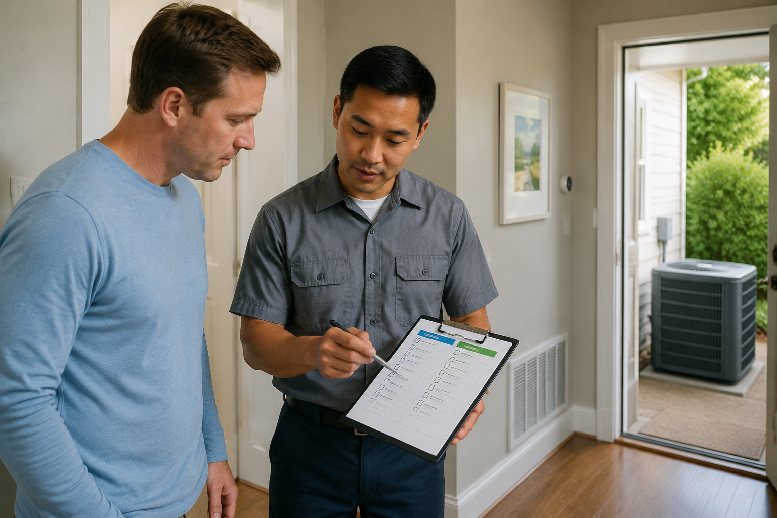 Homeowner and HVAC technician reviewing indoor and outdoor tune-up items