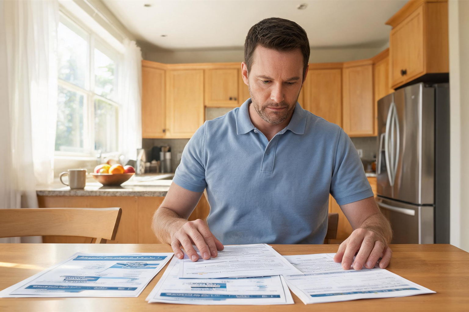 Homeowner comparing AC maintenance plan options and service pricing at a kitchen table