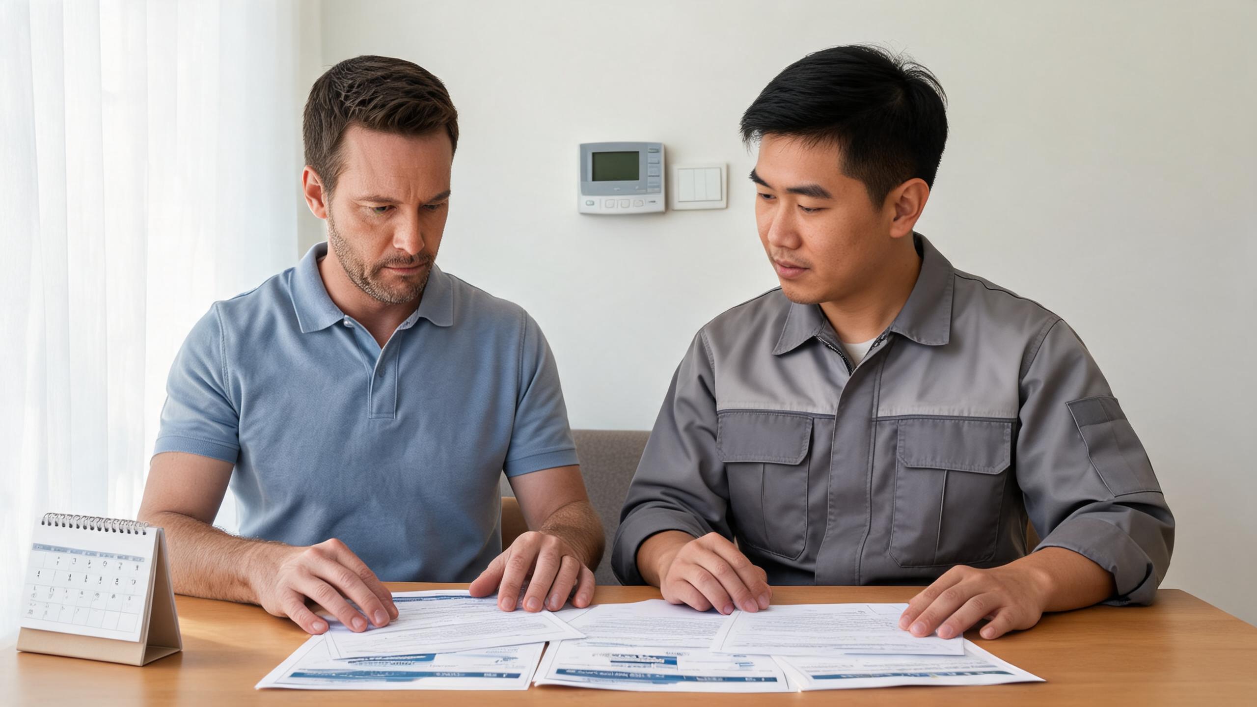 Homeowner and HVAC technician discussing whether annual maintenance is worth the yearly cost