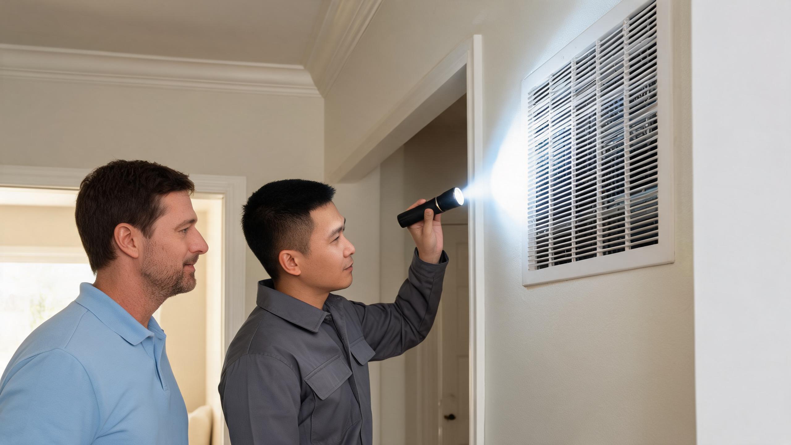 HVAC technician inspecting a residential return vent while a homeowner watches nearby