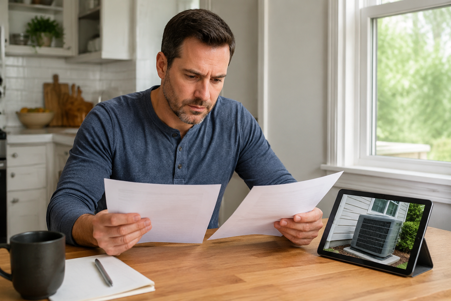 Homeowner comparing repair and replacement estimates for an air conditioner