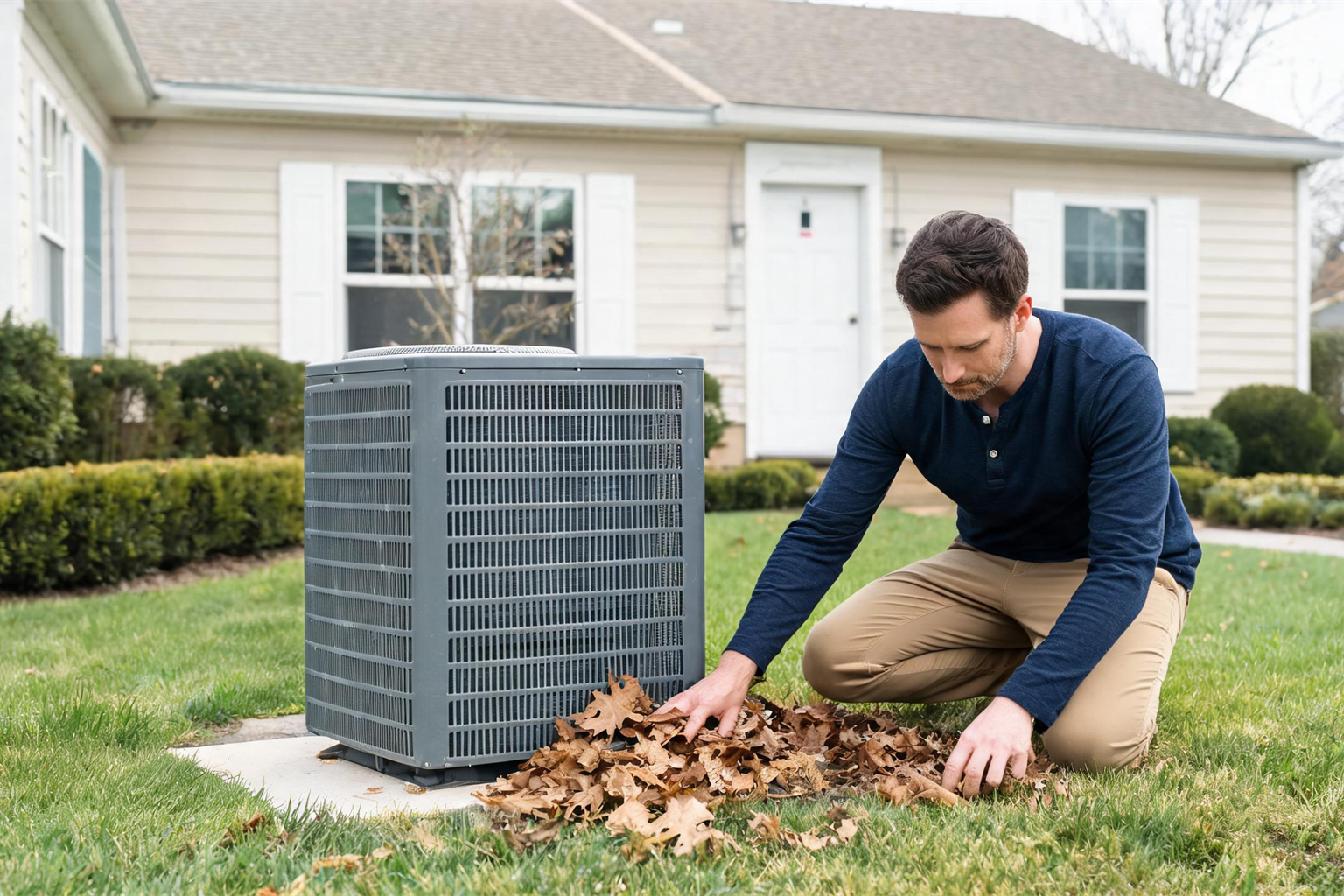 Homeowner clearing leaves around an outdoor air conditioner condenser in spring