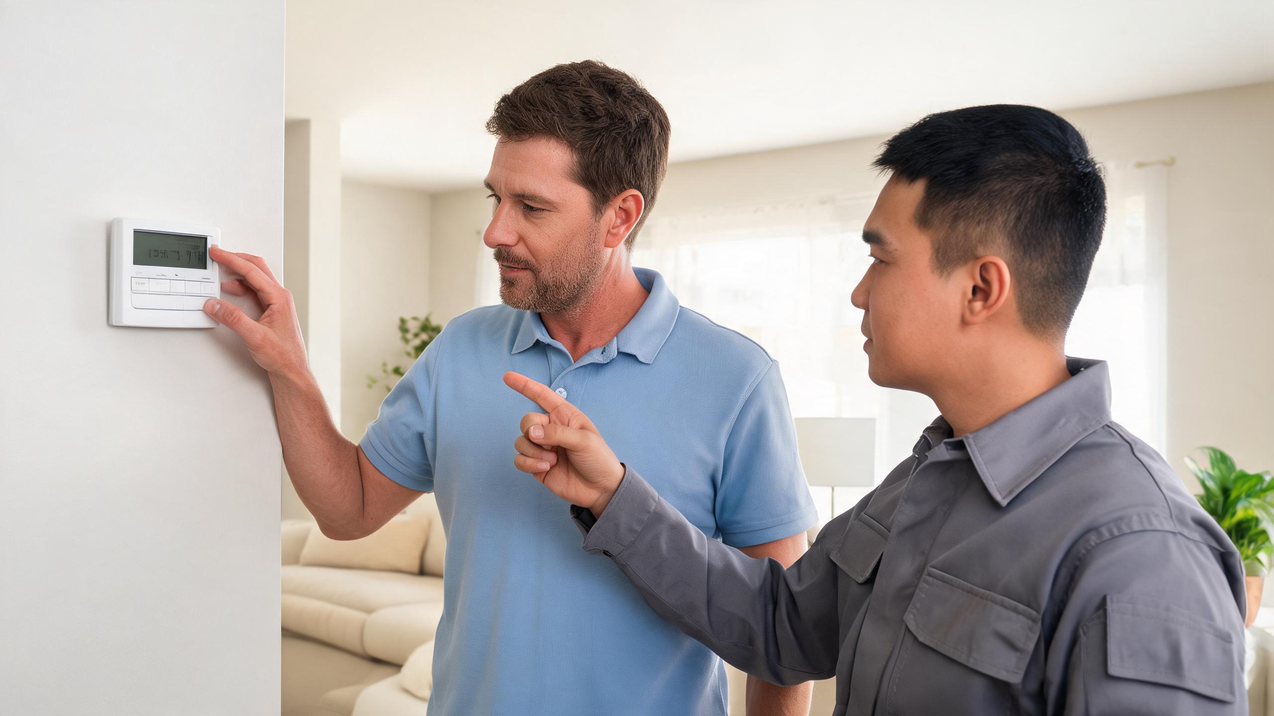 Homeowner checking a thermostat while discussing seasonal HVAC inspection timing with a technician