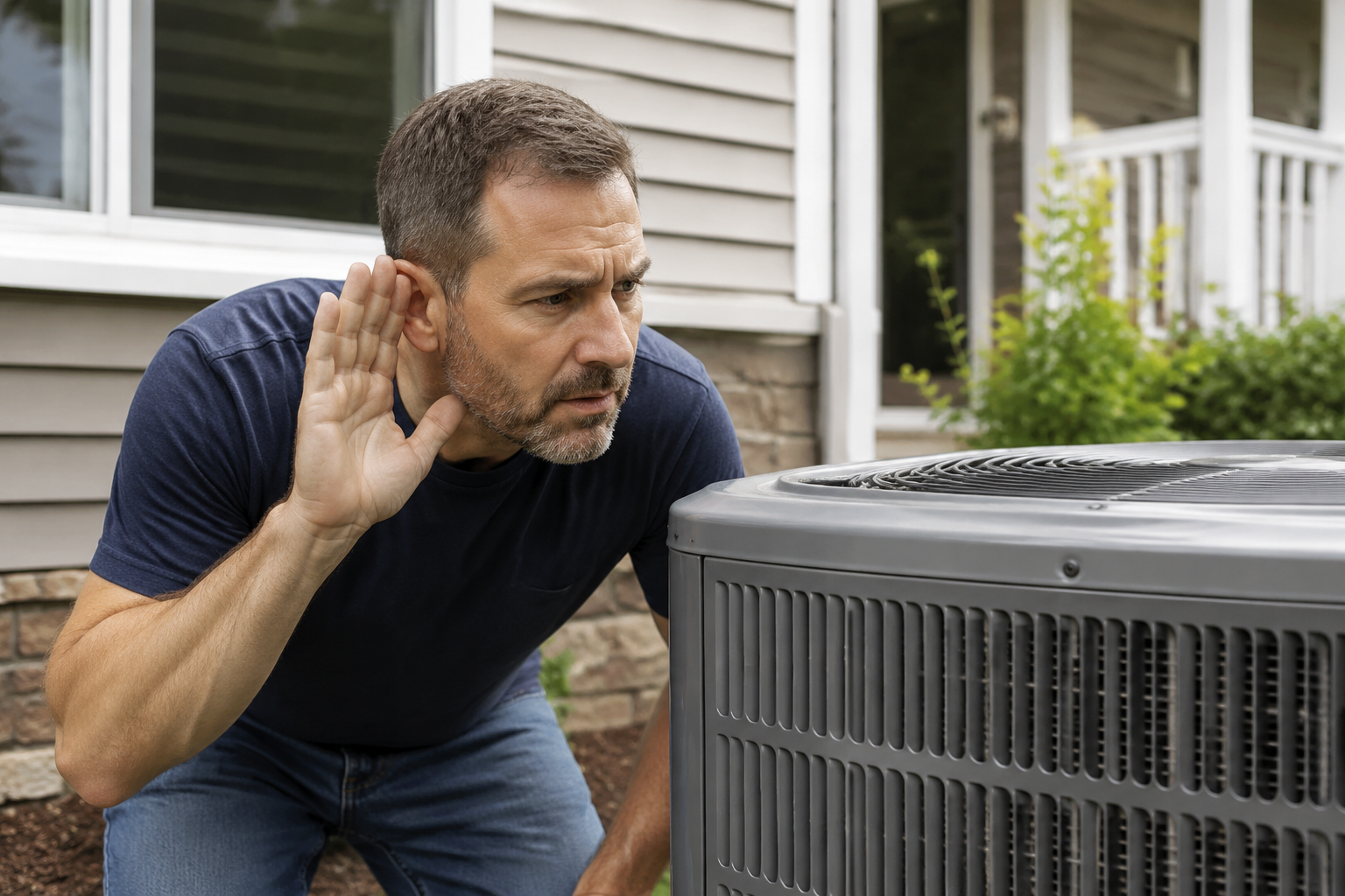 Homeowner listening closely to an air conditioner that is making unusual noise